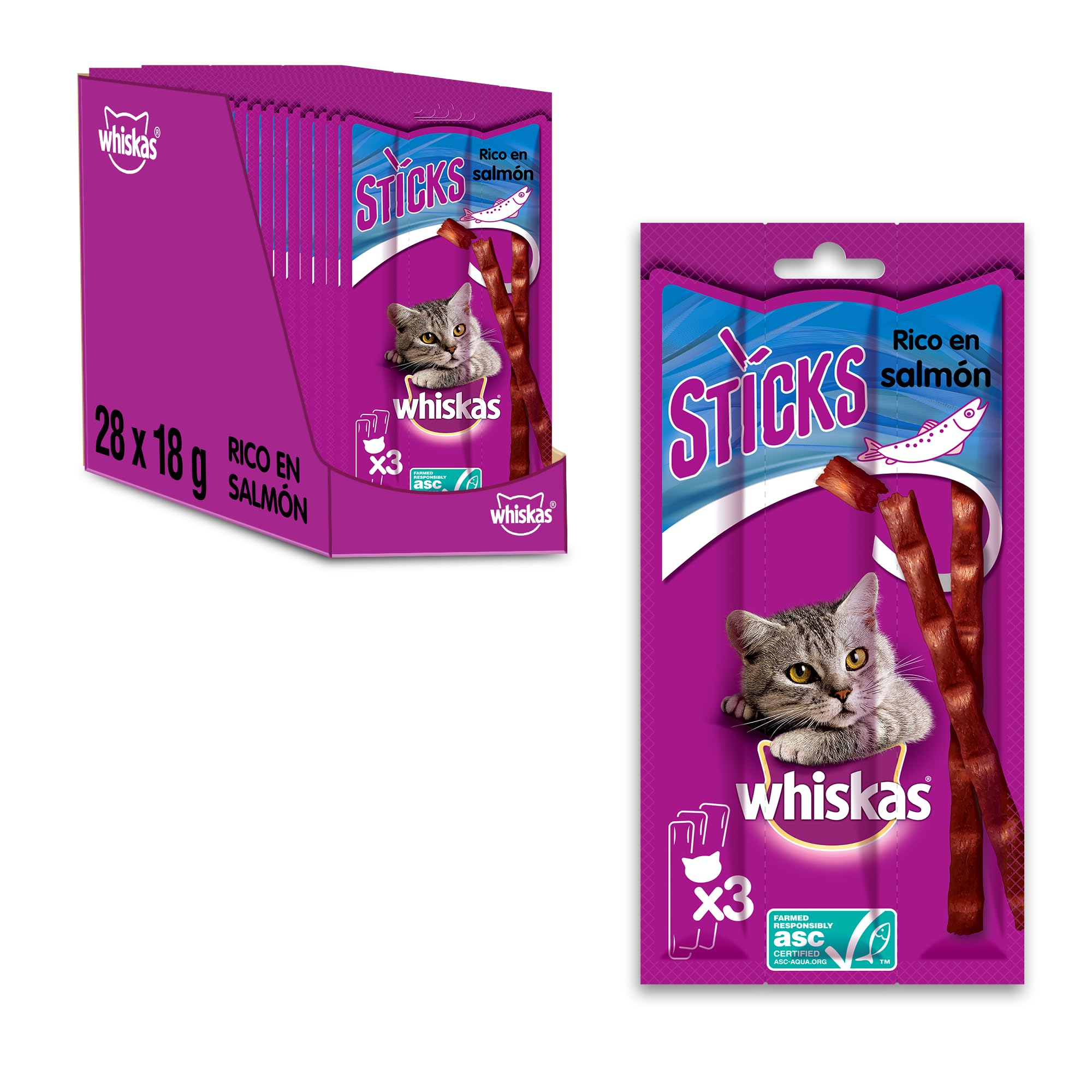 Whiskas Sticks - Adult Cat Treats Made with 90% Fish - 28 Bags of 3 Sticks - Image 1
