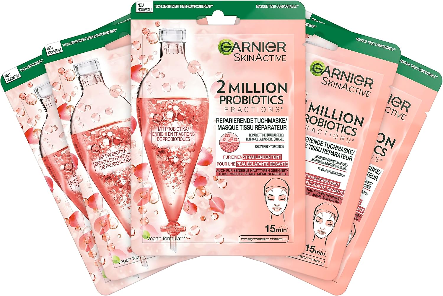 Garnier SkinActive 2 Million Probiotics Lot de 5 masques réparateurs pour le visage contre les peaux sèches, ternes et mates, pour plus de brillance et d'hydratation - Image 1