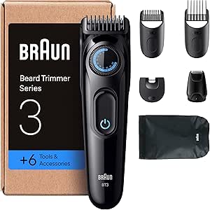 Braun Men's Beard Trimmer Series 3 BT3565 Black – Blue, + 6 Tools for Sharpening and Creating Your Style, 40 Lengths, Ultra-Sharp Blade, Cordless Electric Trimmer Kit, 3 Combs, Cleaning Brush - Image 1