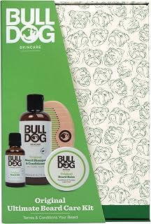 Bulldog Skincare - Original Ultimate Beardcare Kit cadeau pour homme (1 shampoing et après-shampoing à barbe original 200 ml, 1 huile à barbe originale 30 ml, 1 baume à barbe original 75 ml, 1 peigne - Image 1