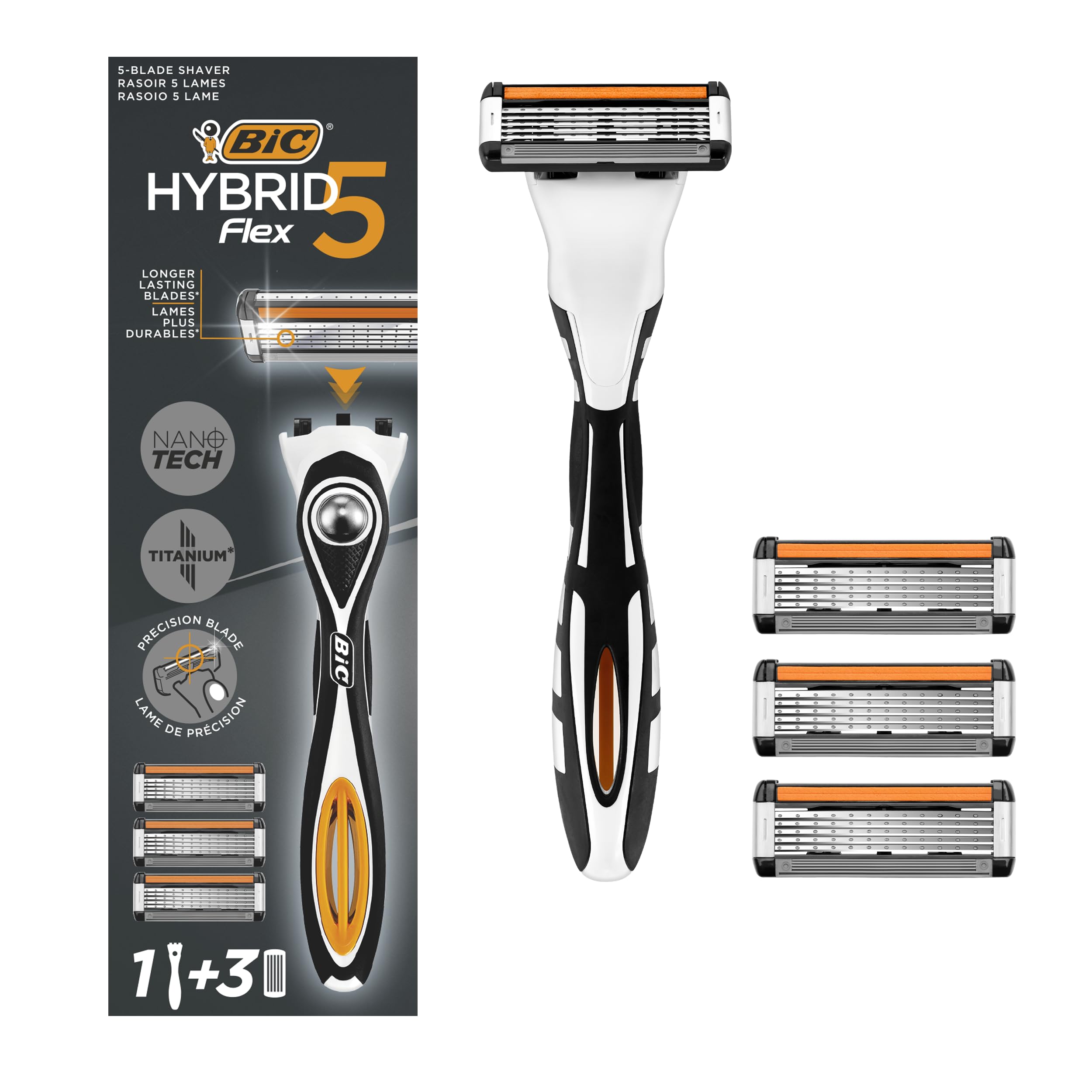 BIC Hybrid 5 Flex Men's Rechargeable Razor with Handle and Refills with 5 Nanotech Titanium Blades - Box of 1+3 - Image 1