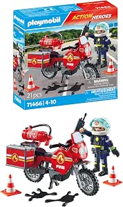 Playmobil 71466 Fireman and Motorcycle - Action Hereos - with A Character, A Motorcycle Equipped with Fire Extinguisher, Luggage Box and Pylons to Secure the Area - City & Crafts - From 4 Years Old - Image 1