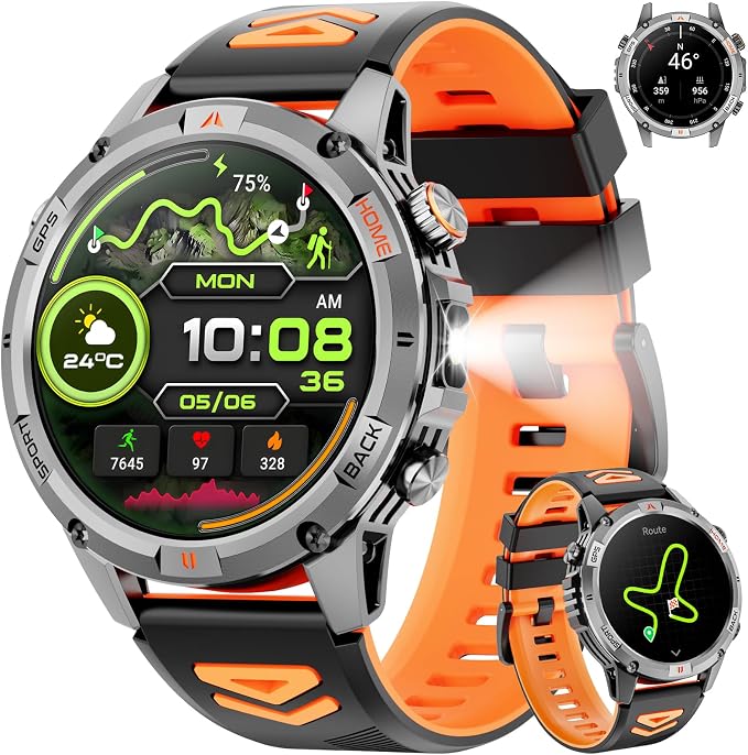 Men's GPS Smart Watch, 1.46 Inch HD Screen Military Smartwatch with LED Torch/Compass/100+ Sports Modes/IP68 Waterproof/Health Monitoring/580 mAh Battery/Bluetooth Calls for Android iOS - Image 1