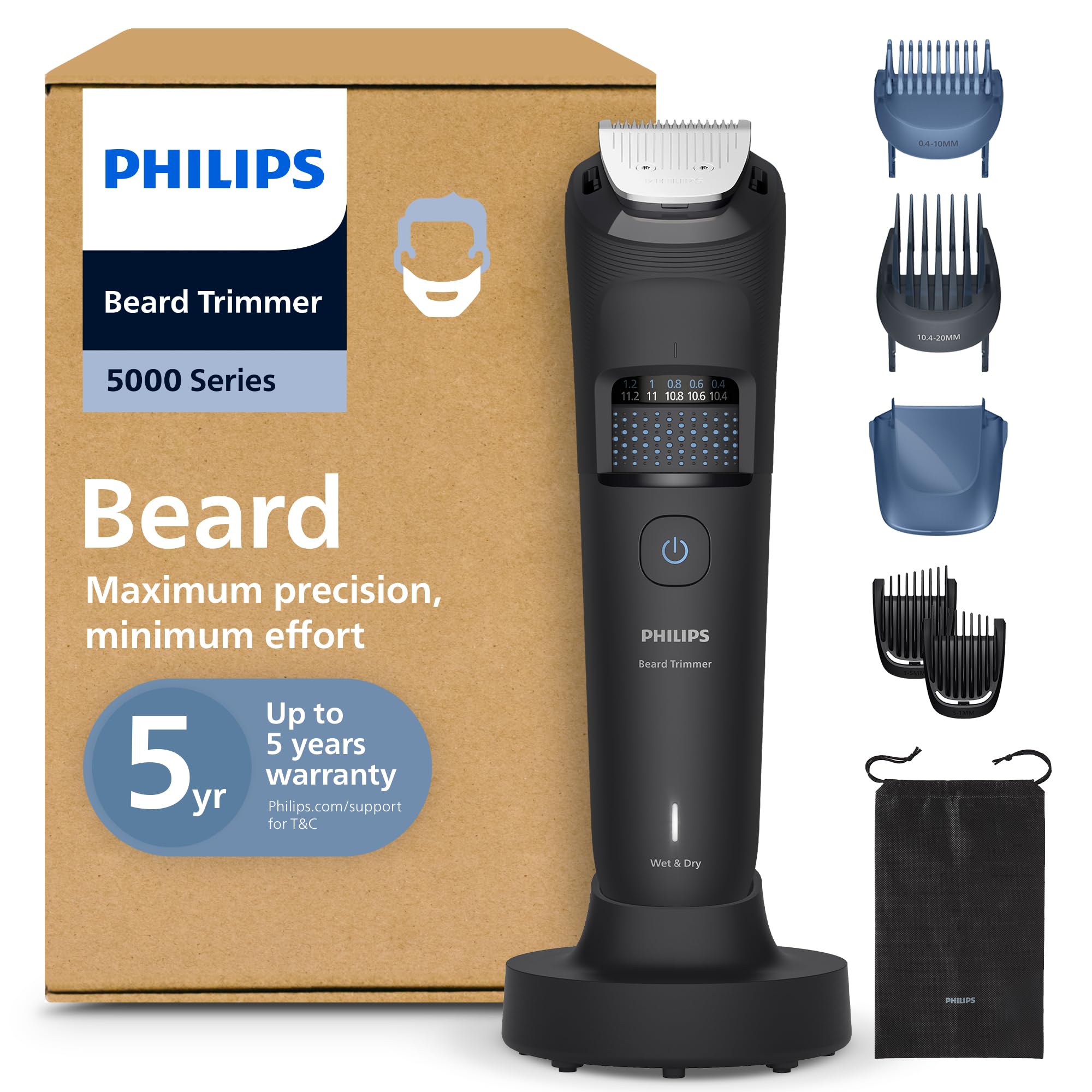 Philips Beard Trimmer Series 5000 - Self-Sharpening Metal Blades, 40 Adjustable Cutting Heights, BeardSense Technology, Hair Collection System, 100% Waterproof, Pouch, Model BT5785/30 - Image 1