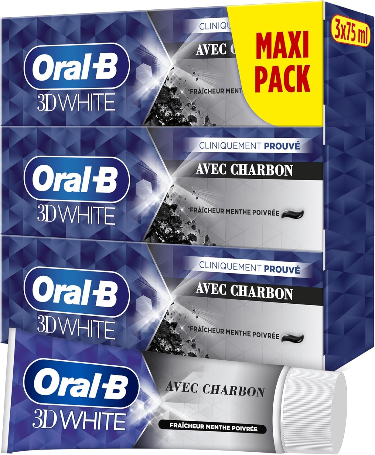 Oral-B Dentifrice Charbon 3D White Pour Effet Blancheur Dès Le Premier Brossage Des Dents, Pack De 3 x 75ml - Image 1