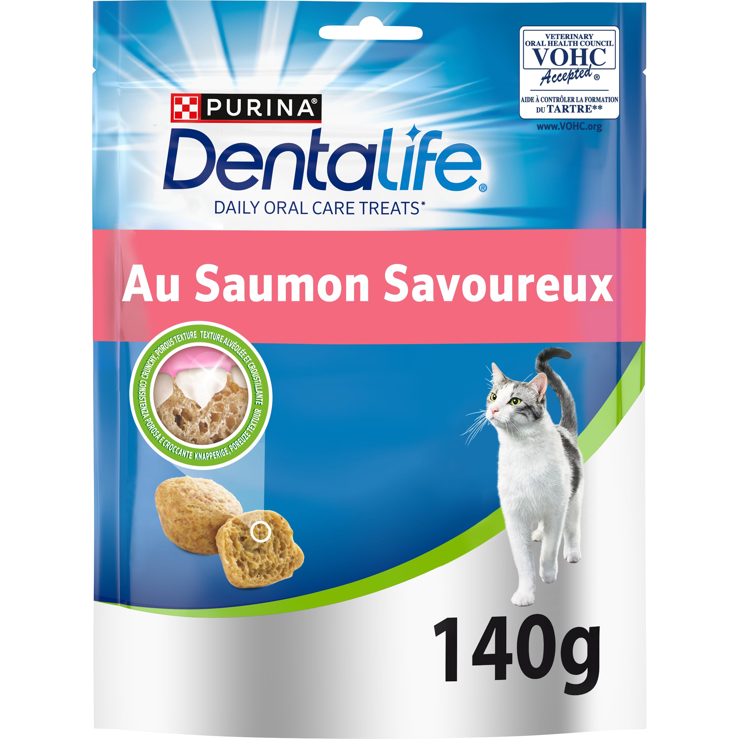 DENTALIFE |Daily Oral Care | Treats | for Adult Cats | Helps Clean Teeth Effectively | Salmon | Sachet | 140g - Image 1