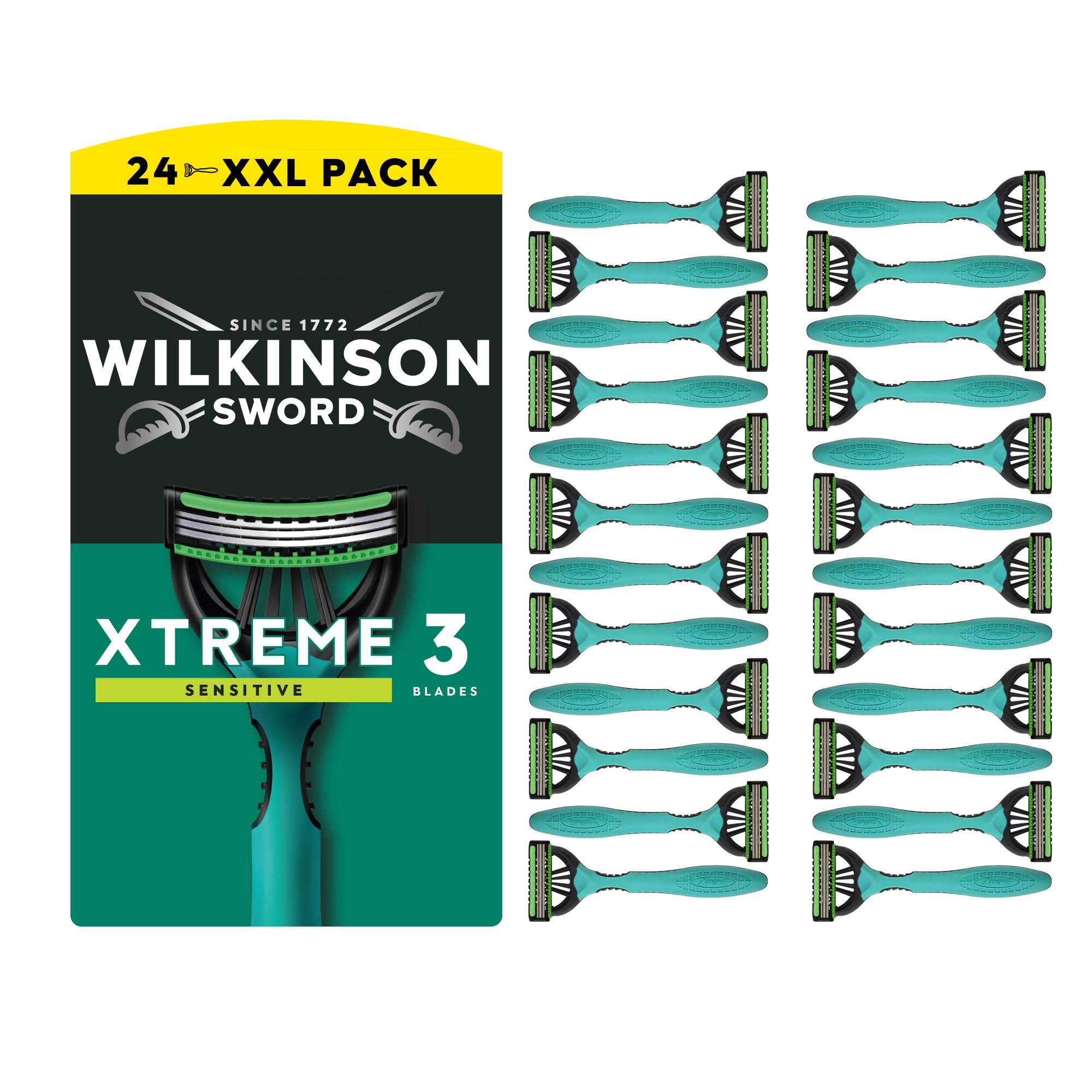 Wilkinson Sword Xtreme 3 Sensitive Disposable Razor for Men, Ideal for Men's Toiletry Bags, Perfect for Daily Shaving, Pack of 24 - Image 1