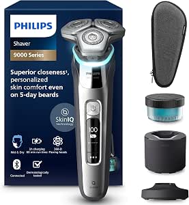 Philips S9000 - rasoir électrique Wet & Dry pour hommes couleur Chrome foncé, lames Lift & Cut, technologie SkinIQ, tondeuse à barbe, Clean Pod, socle de charge et étui de transport (modèle S9974/55) - Image 1