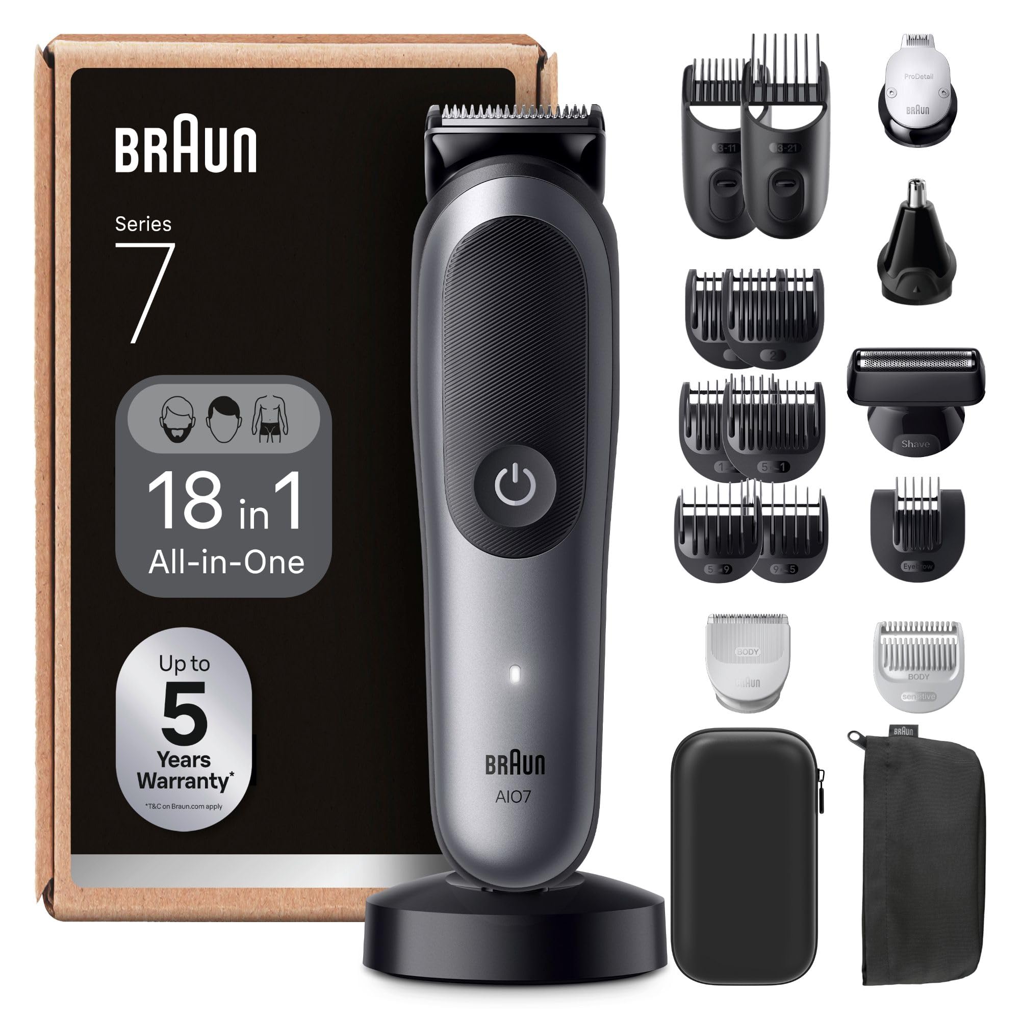 Braun AIO7585 Series 7 All-in-One Electric Trimmer for Men, Grey, 18-in-1 Kit with ProBlade and 8 Combs, Shaving Set with Accessories, Designed for Shaving Beard, Hair and Body - Image 1
