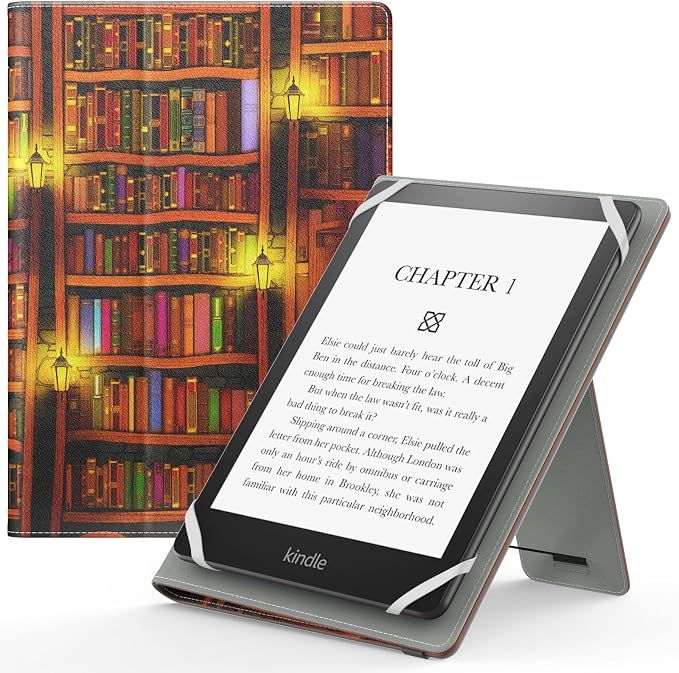 MoKo Universal Case for 6" 6.8" 7" Kindle eReaders Fire Tablet - Kindle/Kobo/Voyaga/Lenovo/Sony Kindle E-Book E-Reader Tablet, PU Case with Adjustable Stand and Hand Strap, Retro Bookcase - Image 1