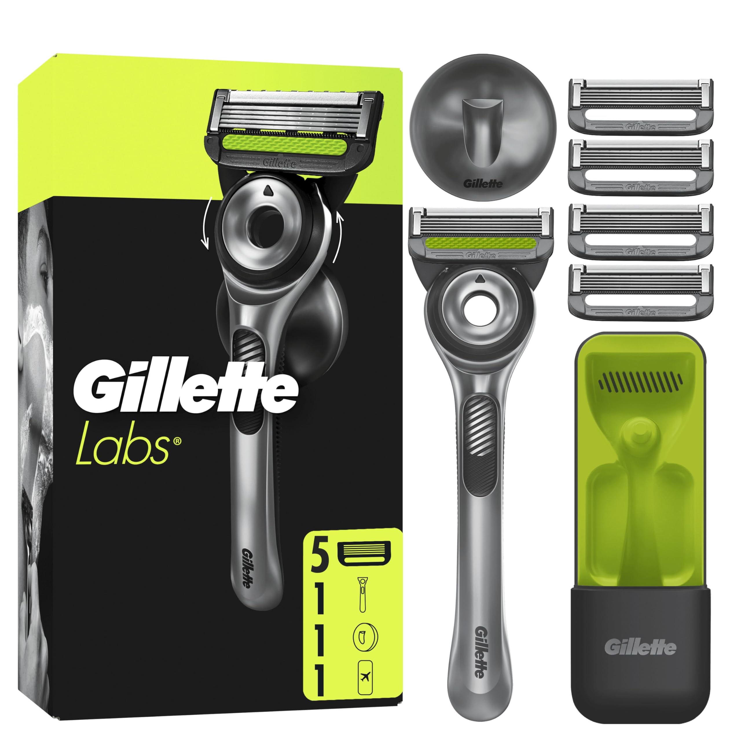 Gillette Labs Men's Manual Shaver with Exfoliating Bar, Reusable Handle and 5 Refill Cartridges with 5 Blades, Travel Case for Convenient Storage, Magnetic Wall Mount - Image 1