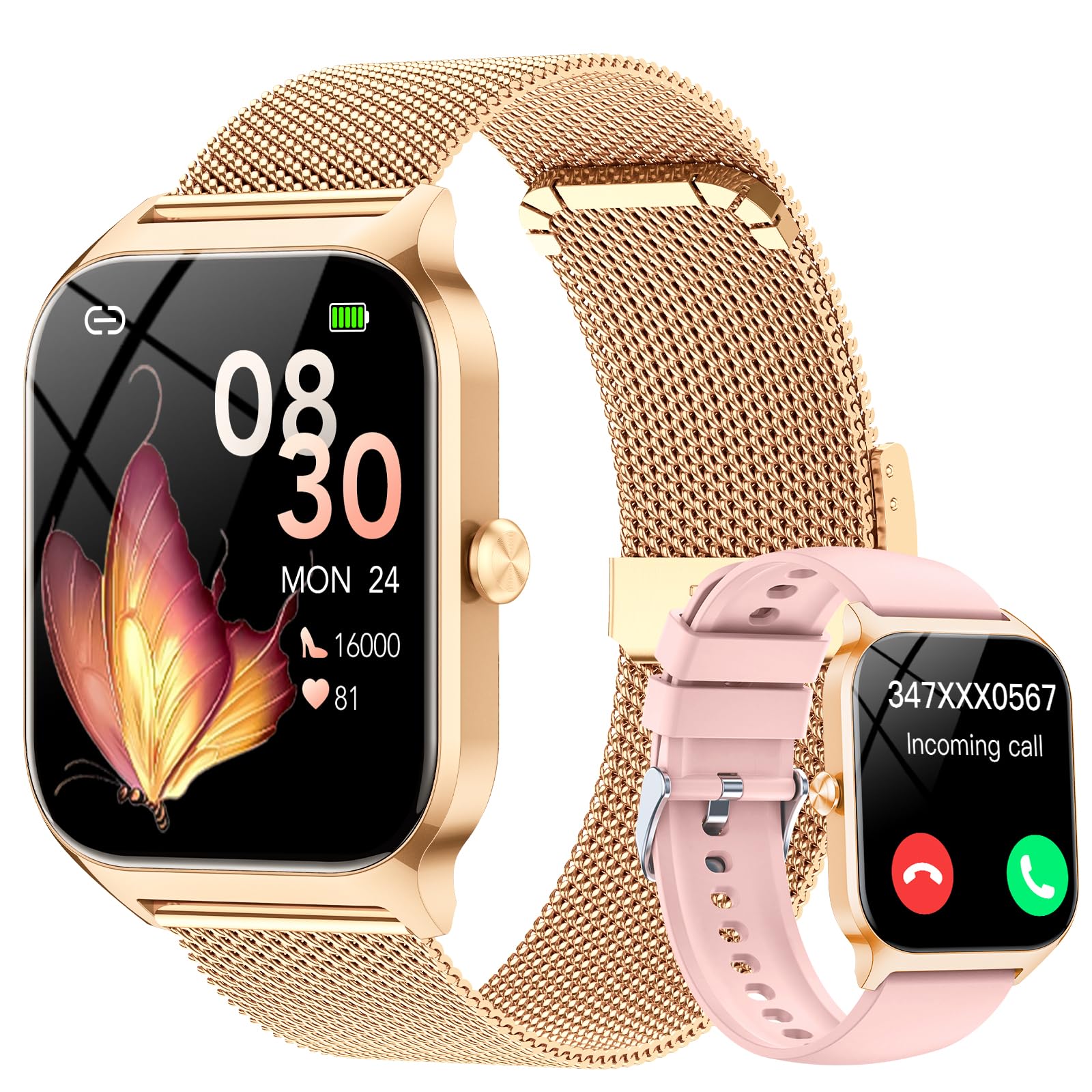 CASCHO Montre Connectée Femme avec Appel Bluetooth,1.85" HD Smartwatch Femme avec Fréquence Cardiaque/Sommeil/SpO2, 120+ Modes Sportifs, IPX7 Étanche Fitness Tracker, Doré et Rose pâle - Image 1