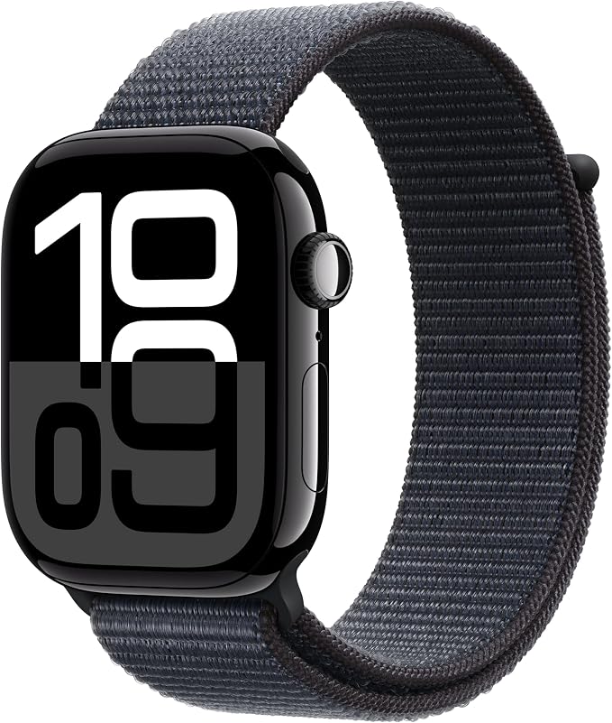 Apple Watch Series 10 [GPS, 46MM] - Glossy Black Alluminum Case with Ink Sport Loop Strap, One Size (Refurbished) - Image 1