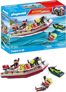 Playmobil 71464 Fire Boat and Sea Scooter - Action Hereos - with Two Characters, A Dog, Jet Ski, Floating Fire Boat and Accessories - City & Professions - From 4 Years - Image 1