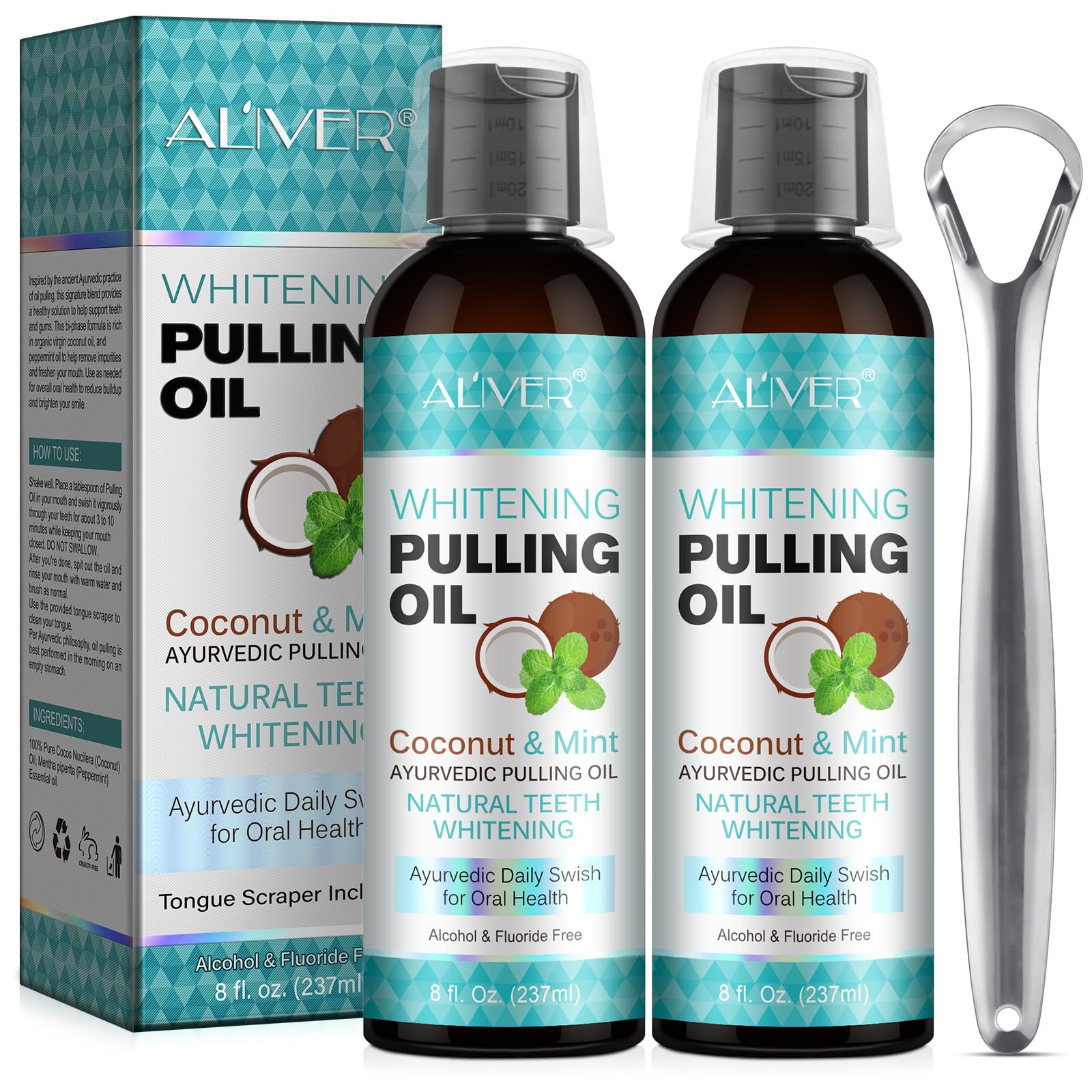 Mint Oil Pulling Mouthwash with Tongue Scraper - Natural Coconut Oil Puller for Teeth Whitening, Fresh Breath, Whitening Teeth and Gums Plus (474ml2pack) - Image 1