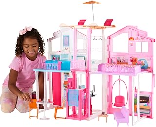 Barbie Mobilier Grande Maison de poupée de Luxe à 2 étages et 4 pièces Dont Cuisine, Chambre, Salle de Bain et Accessoires, Jouet pour Enfant, DLY32 - Image 1