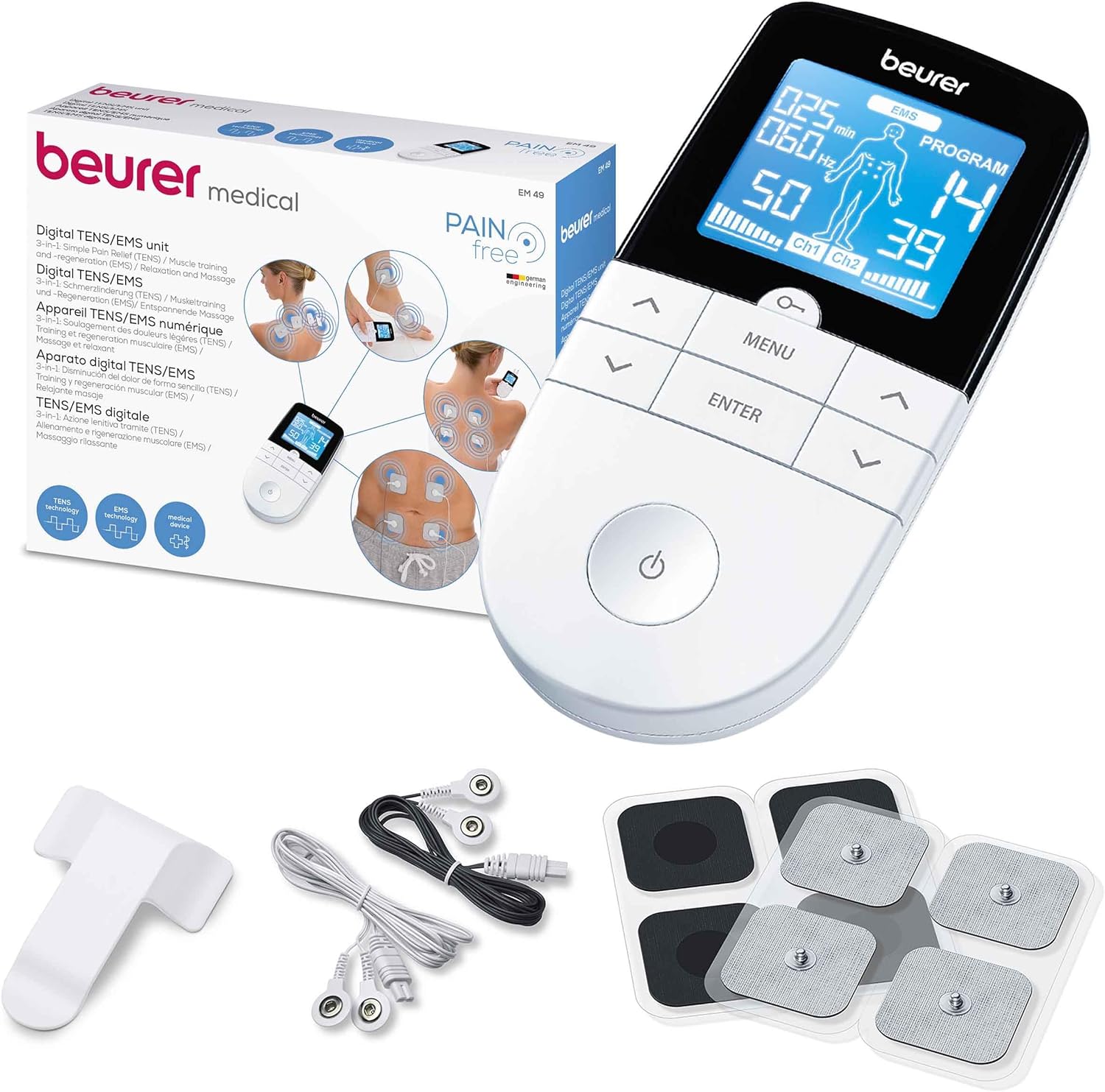 Beurer EM49 3 in 1 Muscle Stimulator:TENS/EMS/Massage, TENS Pain Relief Therapy, Electric Muscle Stimulation, EMS 4 Electrodes, Black Reusable Included, Easy to Carry - Image 1