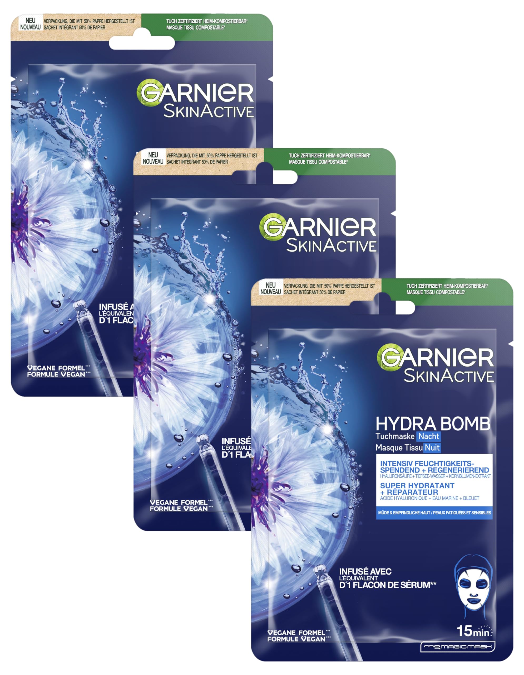 Garnier SkinActive Night Repair Fabric Mask Cornflower + Marine Water + Hyaluronic Acid (Pack of 3) - Image 1