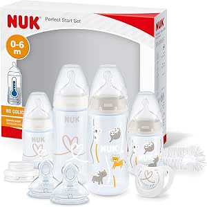 NUK First Choice+ Perfect Start Bottle Set, Genius Brush and Dummy | 0-6 Months | Silicone Teats | Temperature Control | Transparent [Boy/Girl] | 10 Count - Image 1