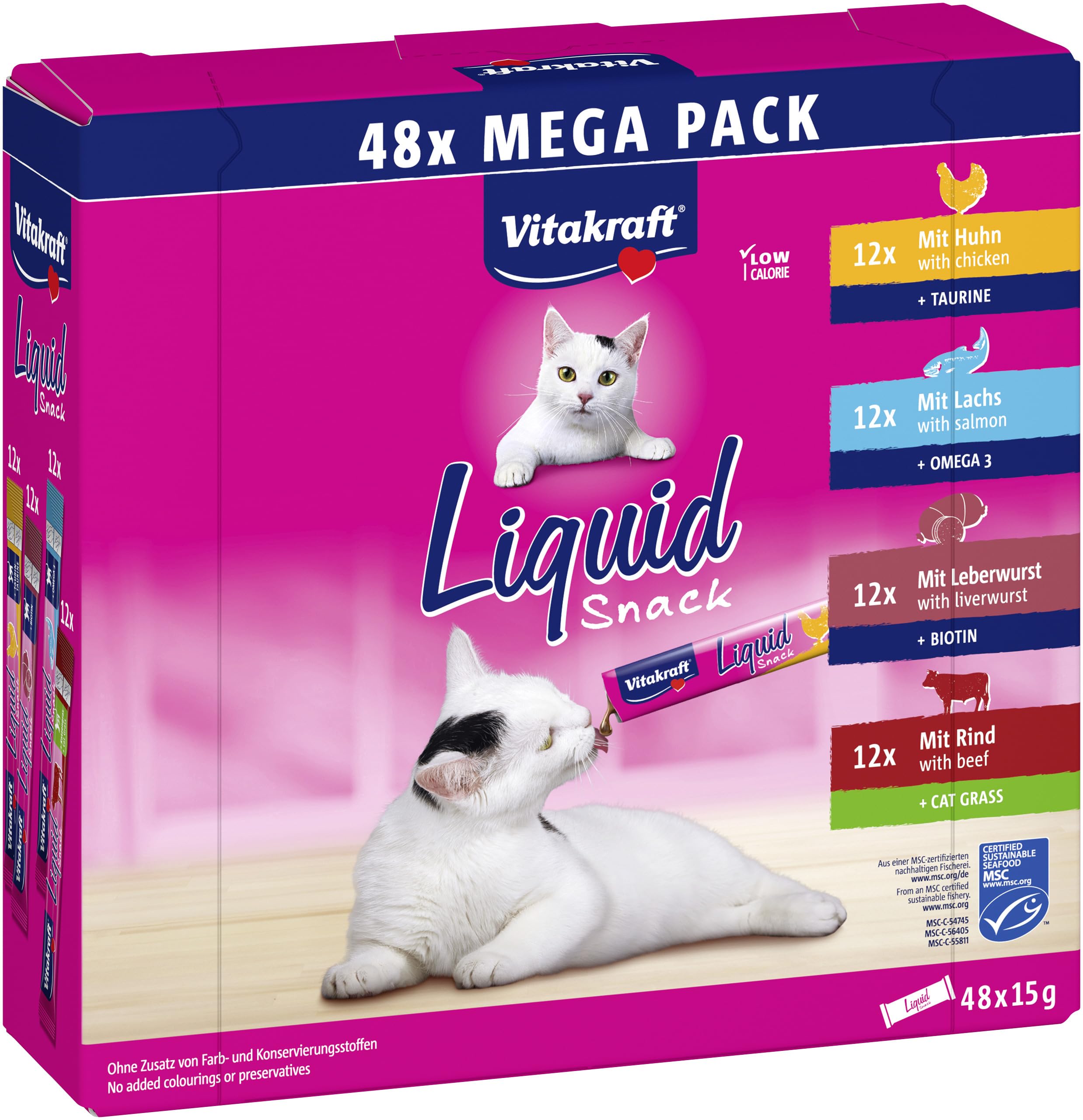 VITAKRAFT - Liquid Snack for Cats, Cat Treats in Mega Pack, Creamy Texture, Beef, Chicken, Salmon, 1 Economy Pack (48X 15G) - Image 1