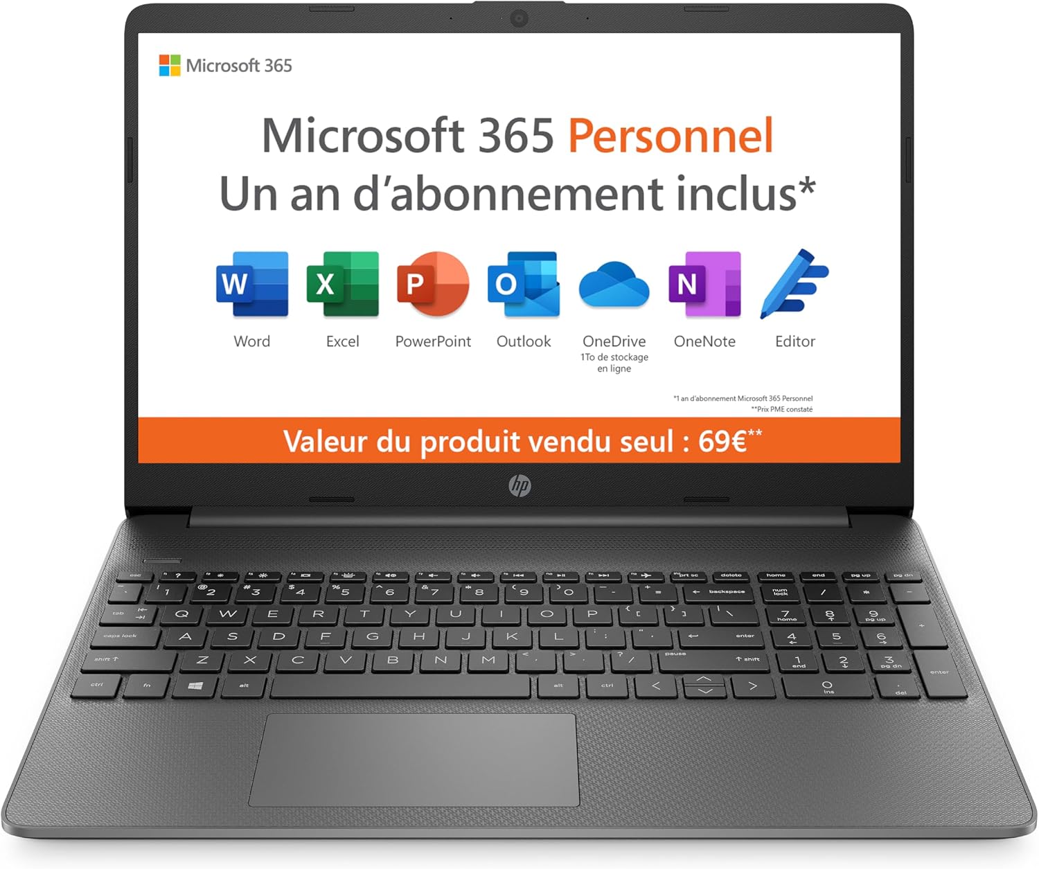 HP 15s-fq0003sf 15.6 inch FHD Laptop (Intel Celeron N4120, 4GB RAM, 128GB SSD, Intel UHD Graphics, Windows 11), Laptop Grey, AZERTY, Microsoft 365 Personal 12 Months Included - Image 1
