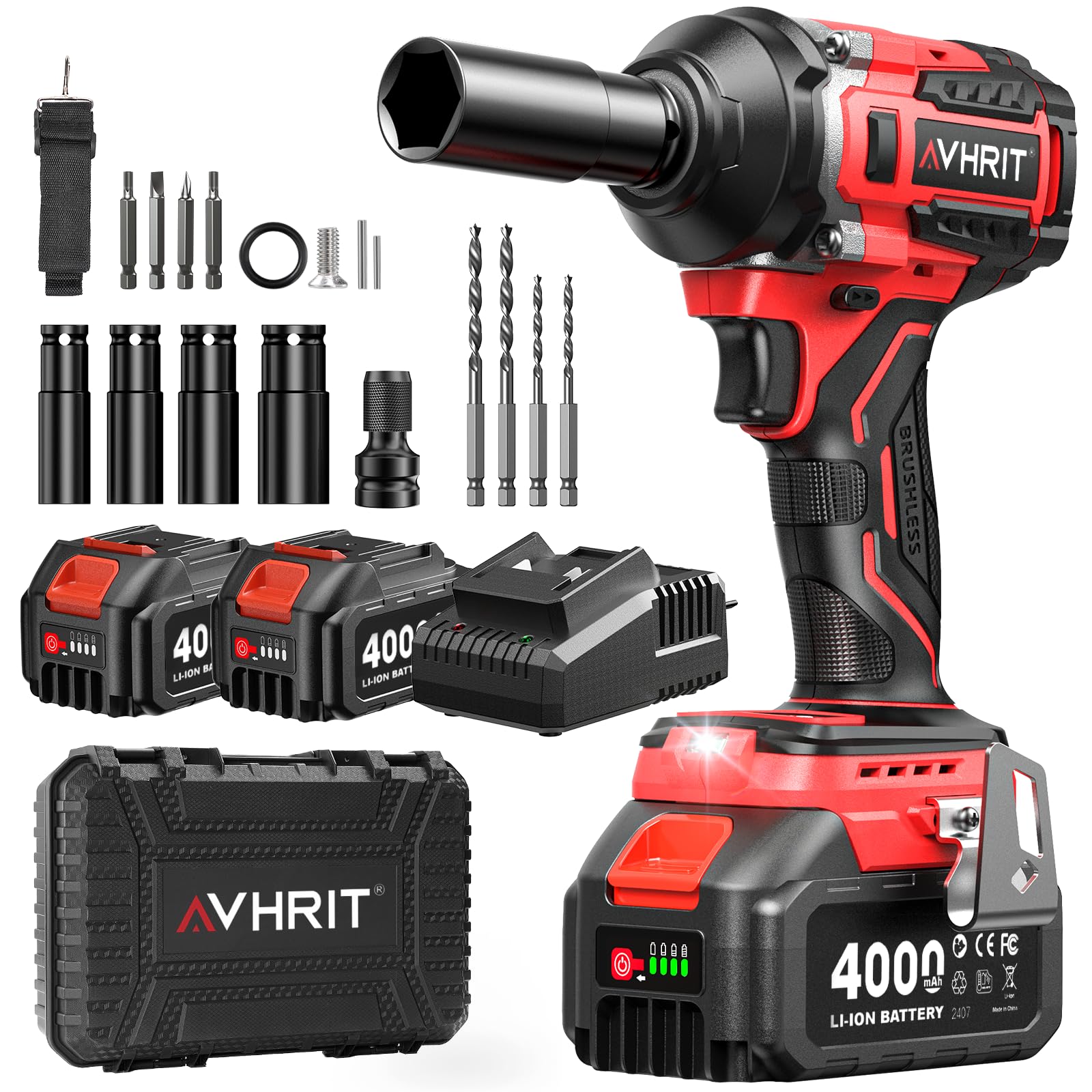 Brushless Cordless Impact Wrench with 2x 4.0Ah Batteries, 700N.m/Ft-lbs Electric Impact Nutrunner, 21V Impact Driver with 4 Impact Sockets, Compatible with Makita 18V - Image 1