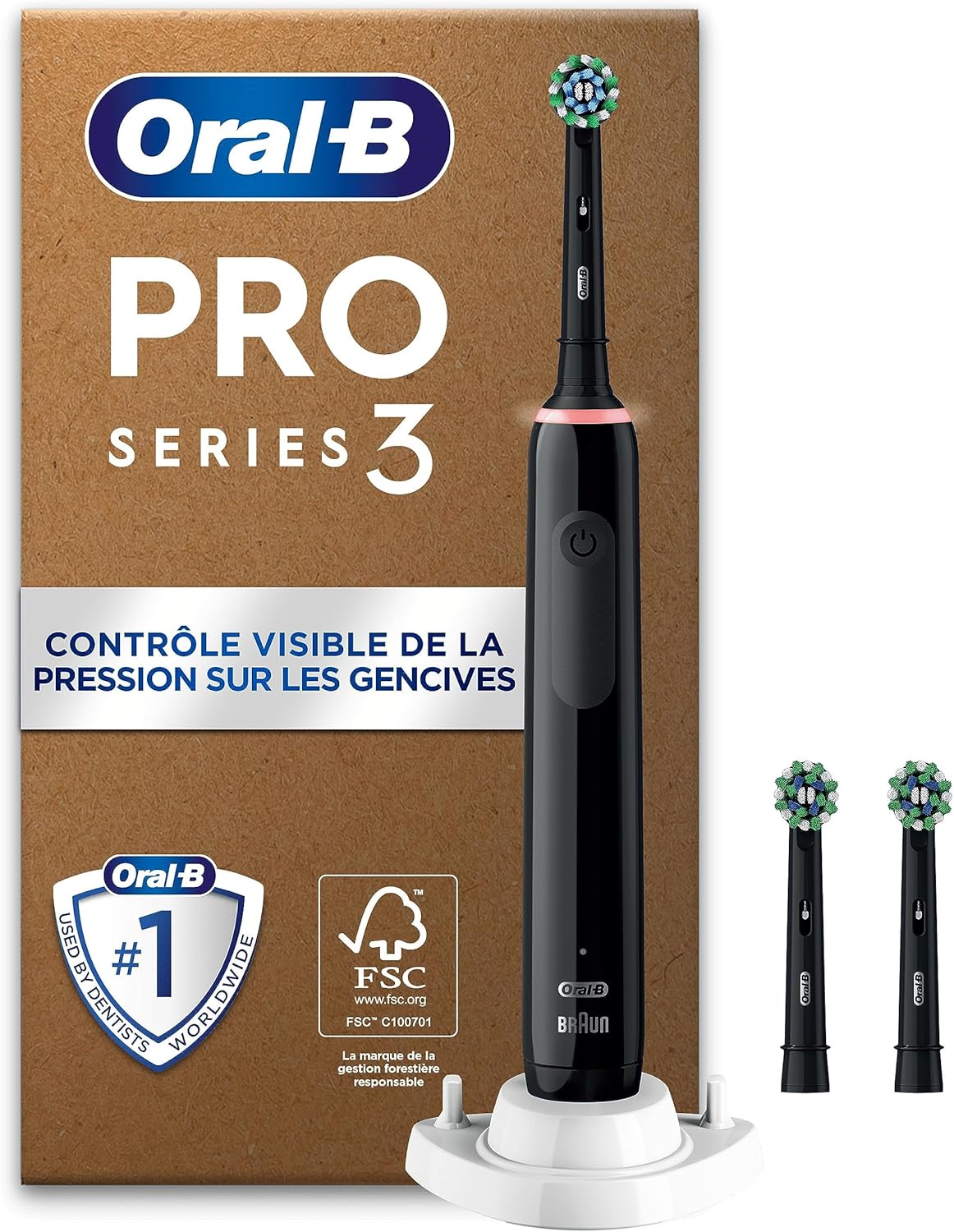 Oral-B Pro 3 Brosse À Dents Électrique Noire, Un Capteur De Pression Pour Protéger Les Gencives Sensibles, Des Accessoires, 3 Brossettes De Rechange, Douces Et Rondes, 1 Chargeur, Emballage En Carton - Image 1