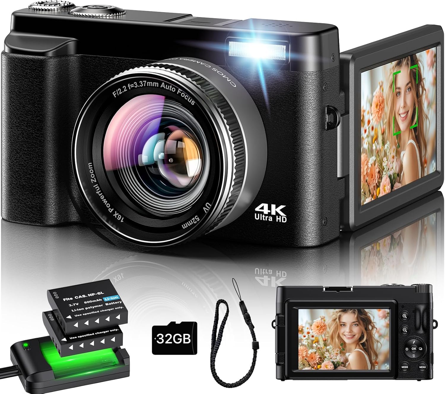 Appareil Photo Numérique 4K, Appareil Photo Compact 48MP 16X Digital Zoom à Écran Rabattable à 180° Avec Autofocus, Flash, Station de Charge, 2 Batteries, Carte 32 GB pour Débutants, Enfants, Vlogging - Image 1