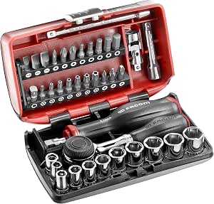 FACOM - NANO compact clamping and screwing set, 38 pieces, 6-sided 1/4" socket set with rotary handle ratchet, R.360NANOPB - Image 1