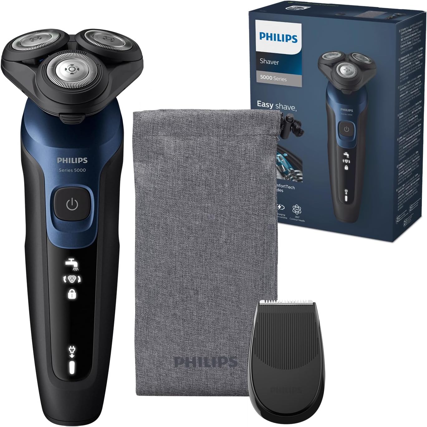 Rasoir Philips Series 5000 - rasoir électrique pour homme Wet & Dry bleu métallisé, avec tondeuse de précision et pochette souple de voyage (modèle S5465/18) - Image 1