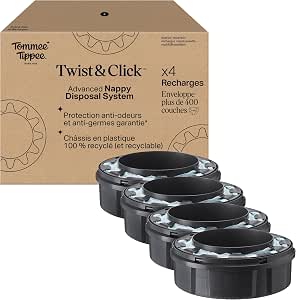 Tommee Tippee Original Twist & Click Nappy Bin Refills, Exclusive Pack of 4, Quick Refill and Economy Pack (Packaging May Vary) - Image 1
