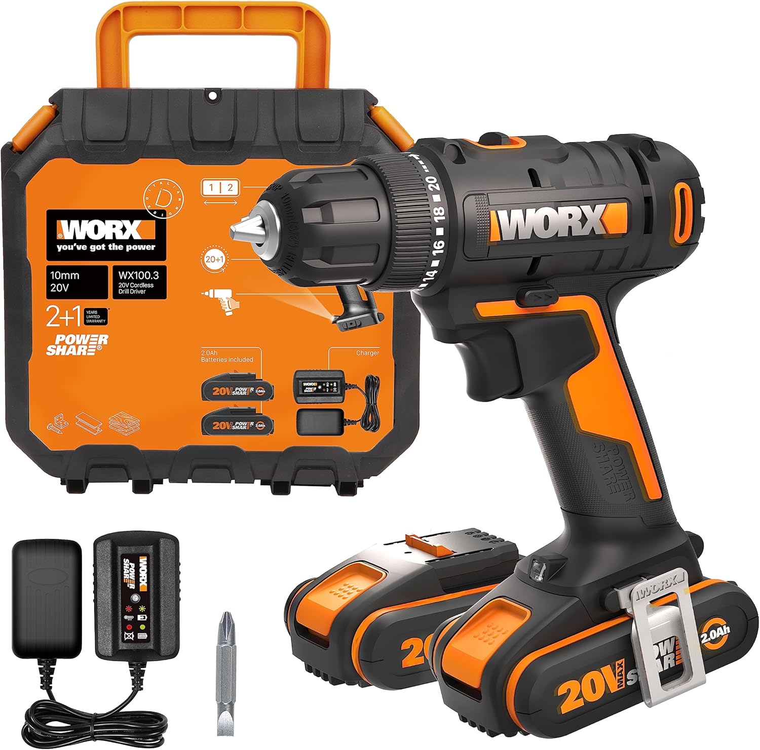 WORX Cordless Drill 18 V (20 V MAX) WX100.3, PowerShare, Max Torque, Variable Speed, LED Light, 10 mm Keyless Chuck, 2 Batteries Included - Image 1