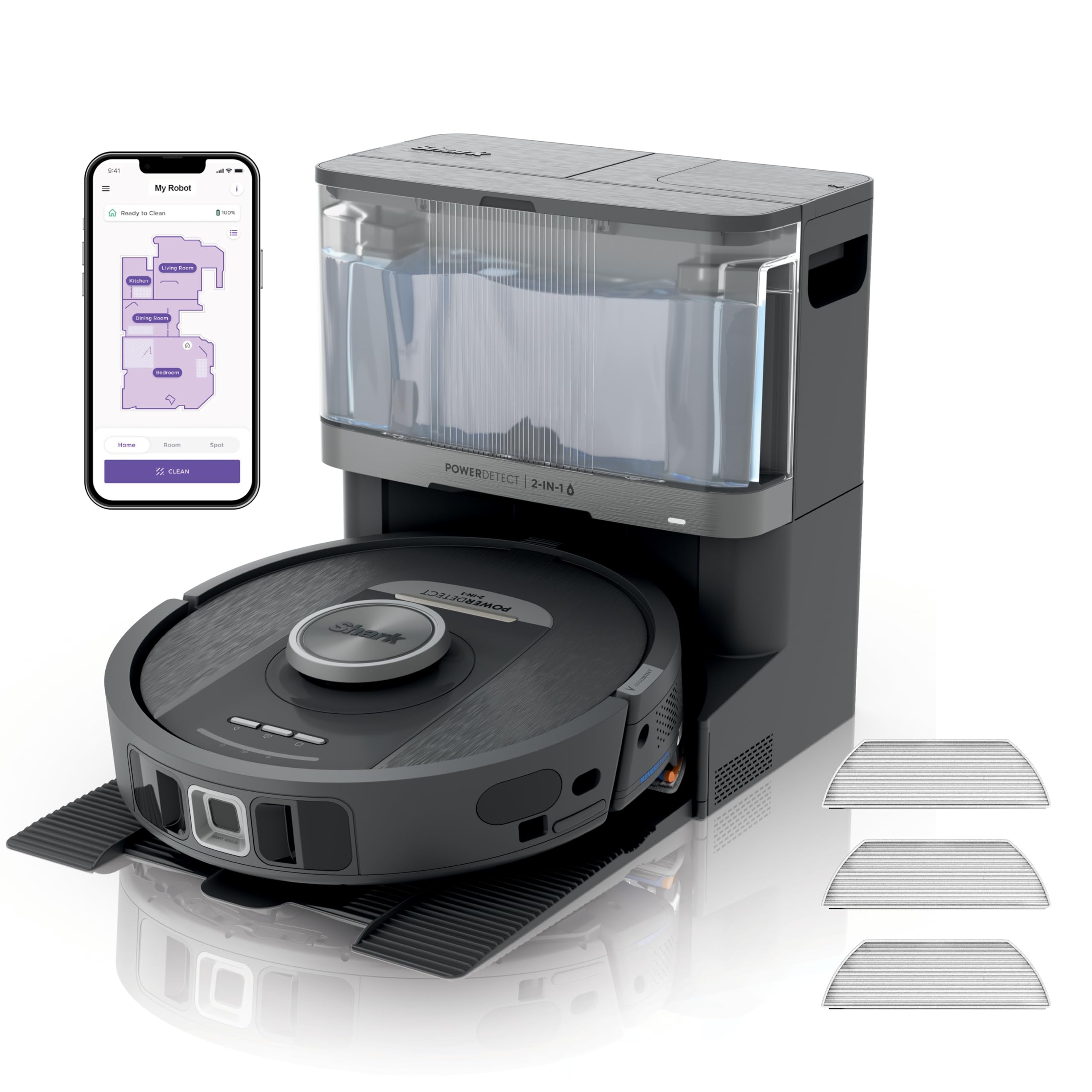 Shark PowerDetect Robot Vacuum Cleaner with 30 Day Self-emptying and Cleaning Base - Odour Proof - 3D LiDAR Navigation - Wi-FI/App - 4 Anti-Microbial Pads and 2 Brushes Included - Black - Image 1