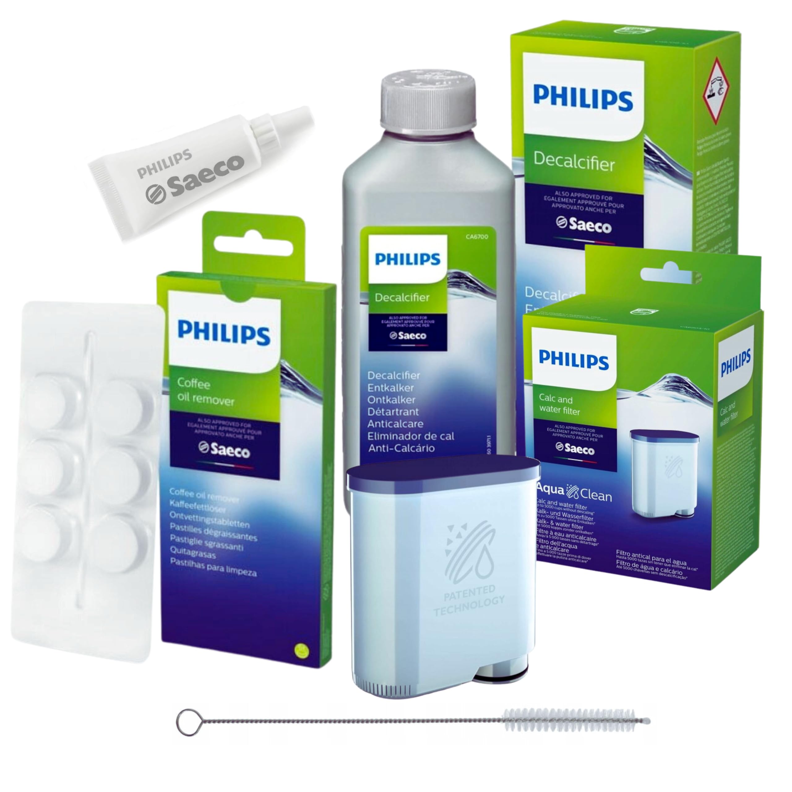 Philips AquaClean Complete Coffee Machine Maintenance Kit: CA6903 Water Filter, Descaler 250 ml, Lubricating Grease HD5061, Coffee Degreaser CA6704/10 (6 Tablets), Cleaning Brush - Image 1