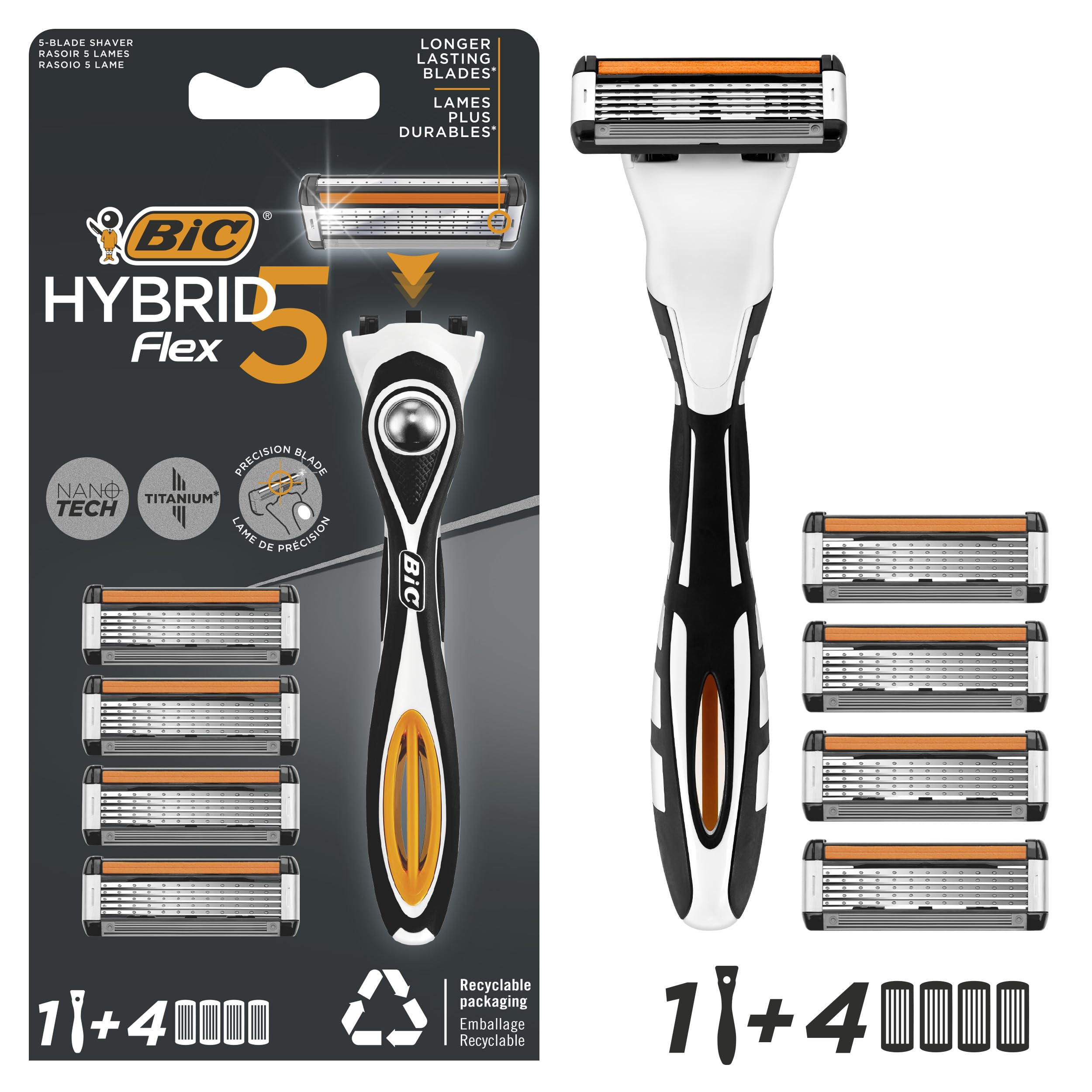 BIC Hybrid 5 Flex - Rechargeable Shaver for Men, 1 Durable Handle + 4 Refills of 5 Blades for a Precise and Comfortable Shave - Image 1