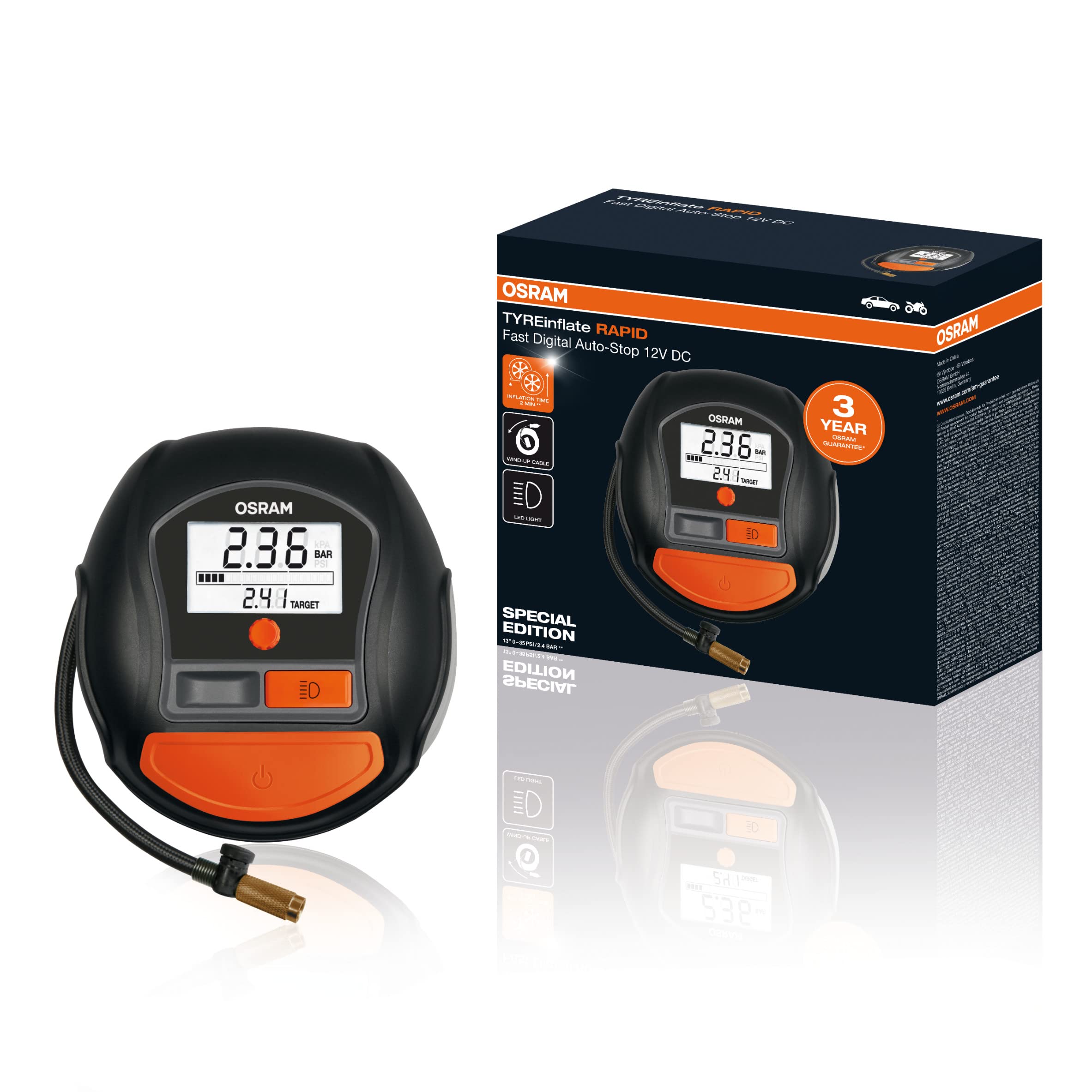 OSRAM TYREinflate RAPID, Digital and Portable Compressor, Auto Shut-Off, LED Light, Programmable, Electric Air Pump for Tyres, 12V Connection, Tyre Inflation in 2 Minutes - Image 1