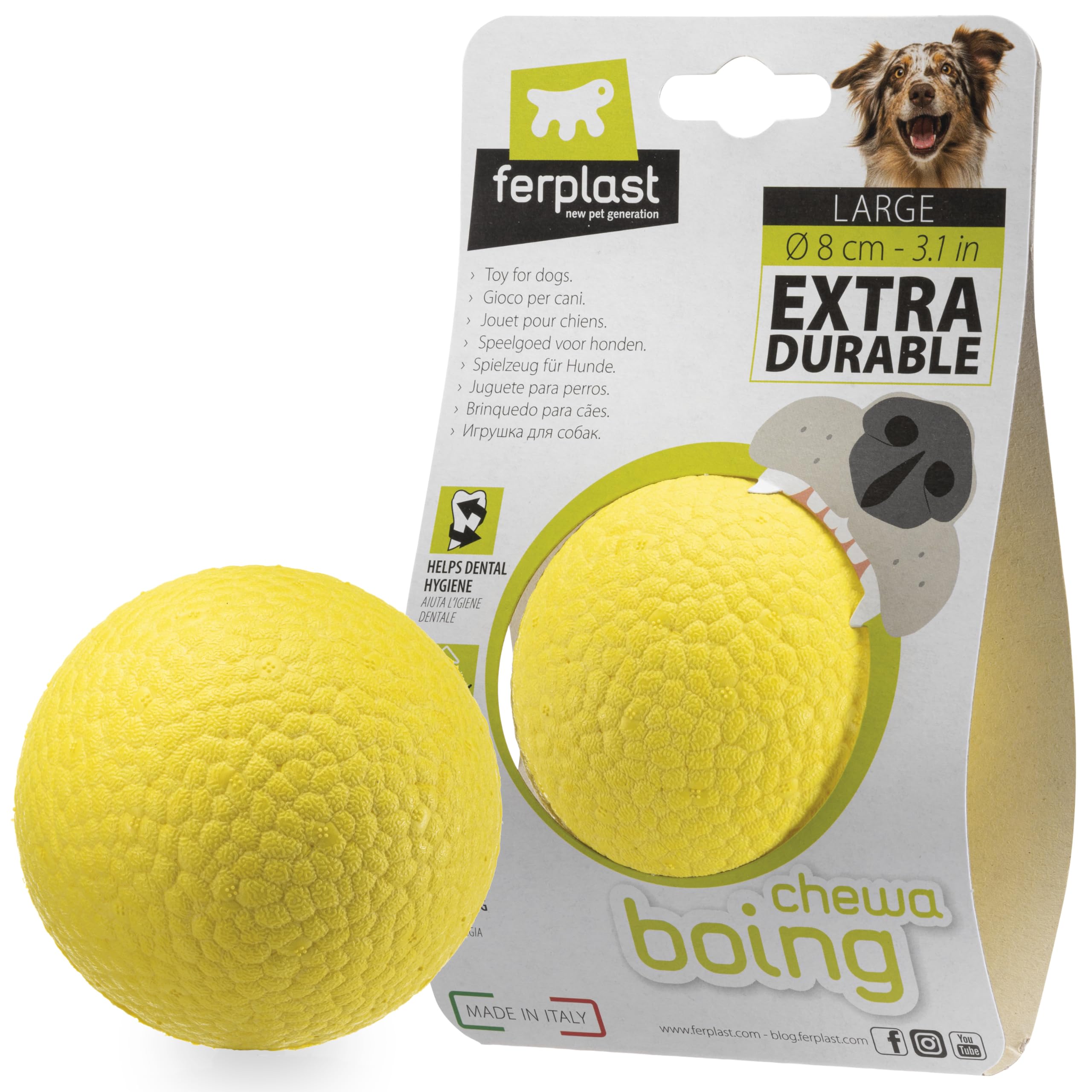 Ferplast Jouet Chien, Balle pour Chien, en Matériau Durable, Non Toxique, Résistante aux Morsures, pour l'Hygiene Dentaire, Rebondissant et Flottant, CHEWA BOING Balle, Jouets Gros Chien, Jaune - Image 1