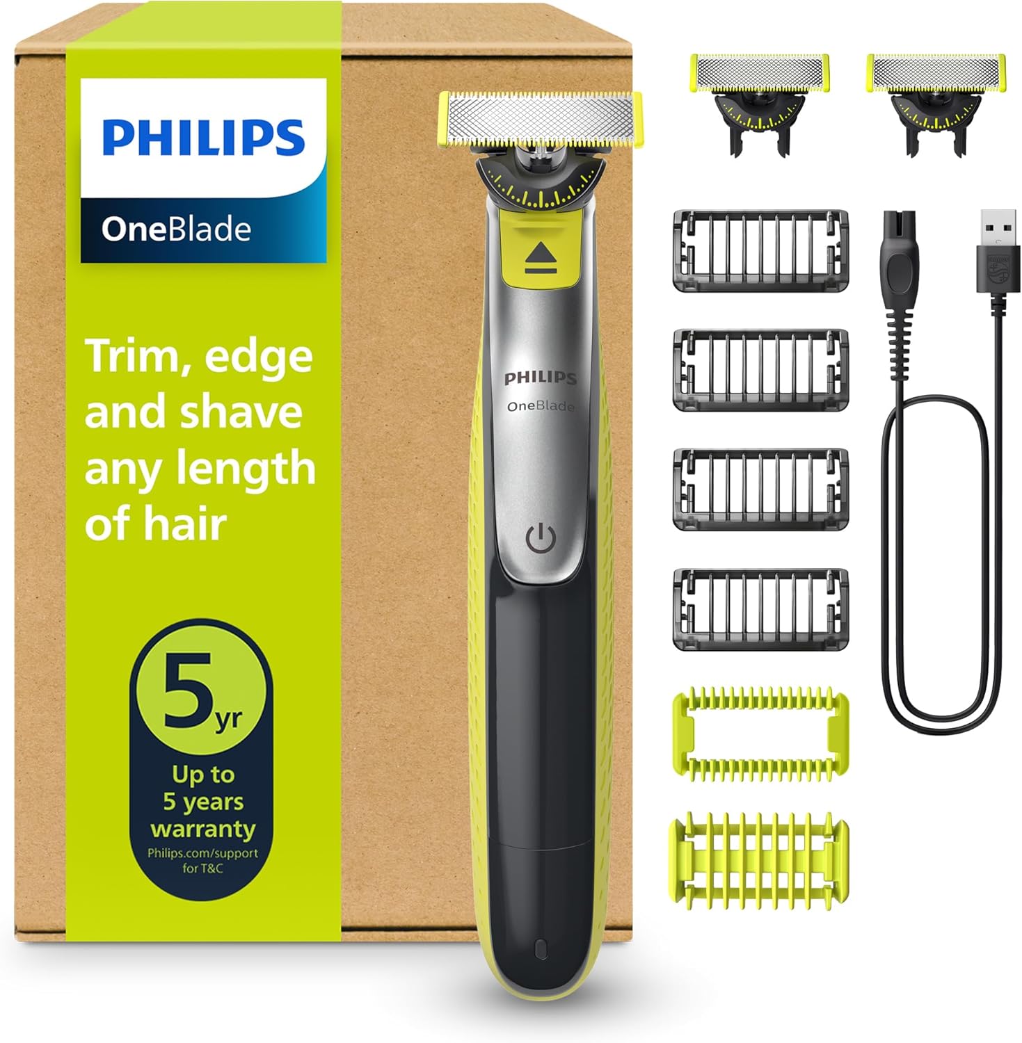 Philips OneBlade 360 Authentique Visage + Corps - Tondeuse à barbe électrique, tondeuse corps et rasoir avec technologie de lame 360, 2 lames 360, 4 sabots barbe de 3 jours, 1 kit Corps, QP2834/31 - Image 1