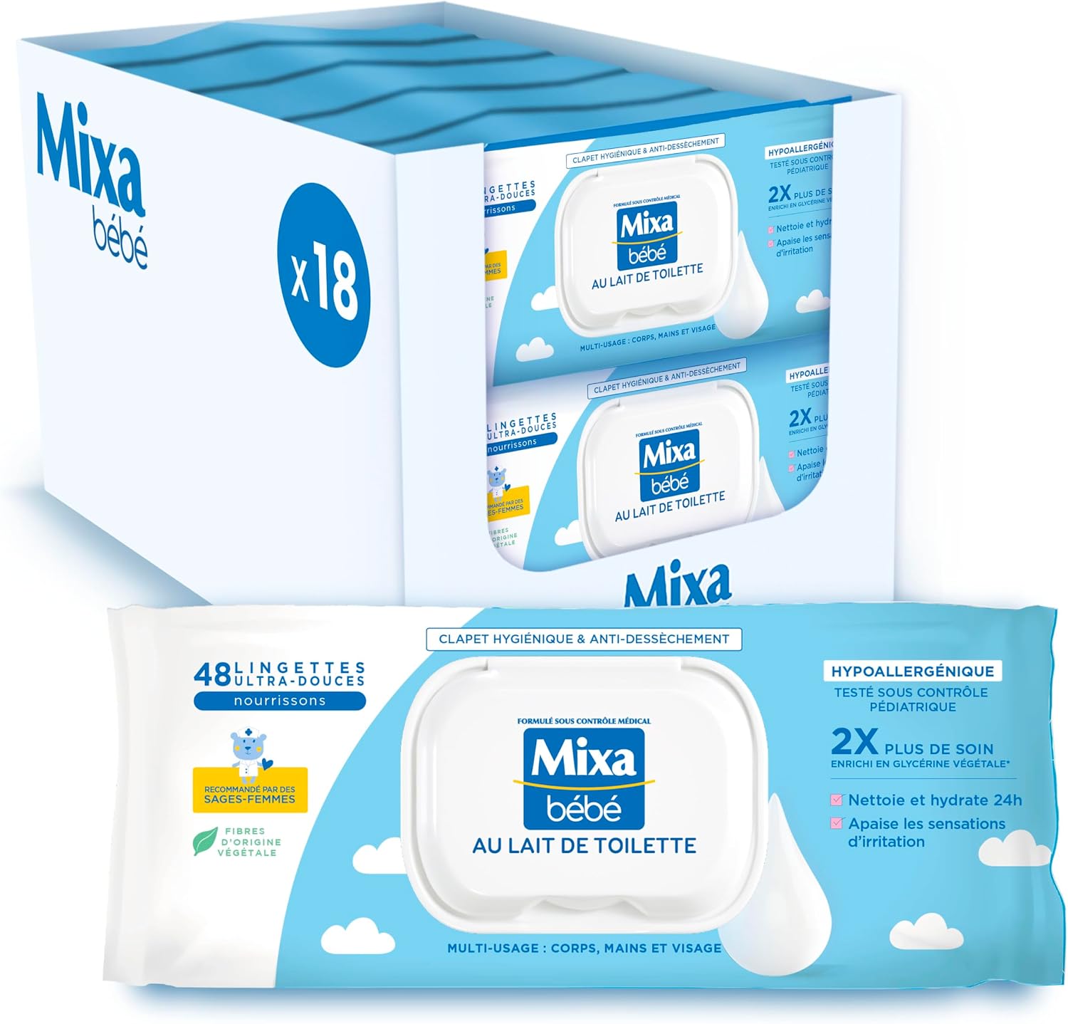 Mixa Baby Wipes Au Lait De Toilette, Pack of 18 x 48 Wipes - Image 1