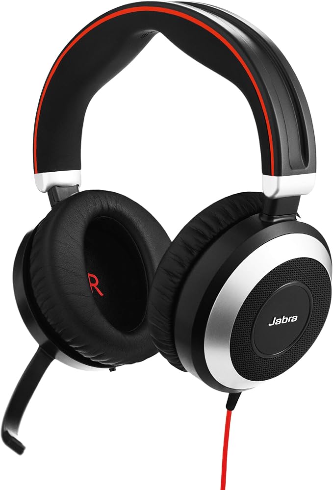 Jabra Evolve 80 MS Wired Stereo Over-Ear Headset – Microsoft Optimised Headphones with Active Noise Cancellation – USB and 3.5 mm Jack Connections – Black (Refurbished) - Image 1