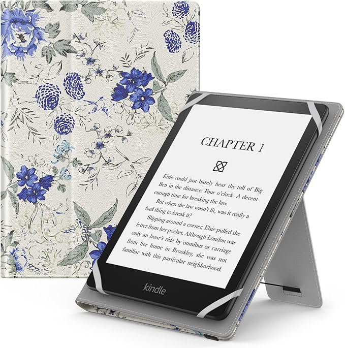 MoKo Universal Case for 6 Inch 6.8 Inch 7 Inch Kindle eReaders Fire Tablet – Kindle/Voyaga/Lenovo/Sony Kindle E-Book E-Reader Tablet, PU Case with Adjustable Stand and Hand Strap, White & Blue - Image 1