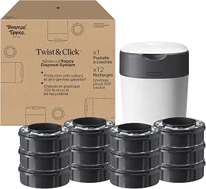 Tommee Tippee Twist/Click Sangenic Tec Starter Set with Nappy Bin Anti-Odour/Germ Protection 12 x Refills White - Image 1