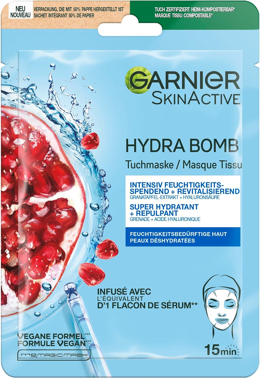 GARNIER Skin Active - Masque Visage Tissu Hydra Bomb - Super Hydratant & Repulpant - À Base De Grenade & Acide Hyaluronique - Vegan & Cruelty Free - Peaux Déshydratées - x1 - Image 1