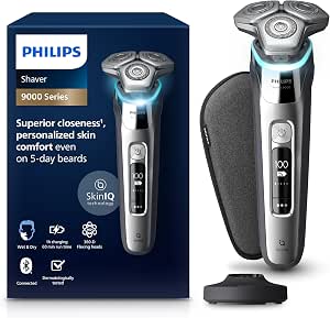Philips S9000 - rasoir électrique Wet & Dry pour hommes couleur Argent chromé avec lames Lift & Cut, technologie SkinIQ, tondeuse à barbe, socle de charge et étui de transport (modèle S9975/35) - Image 1