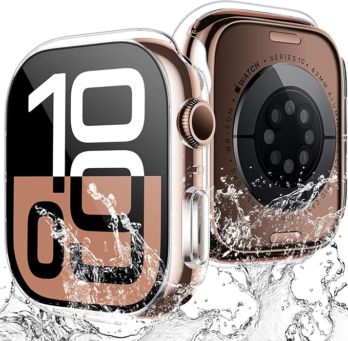 TAURI 2 Pieces PC Waterproof Case for Apple Watch Series 11/10 42mm, [IPX8 Certified Waterproof] with 9H Tempered Glass Screen Protector, [Full Protection] Slim 42mm Case - Transparent - Image 1