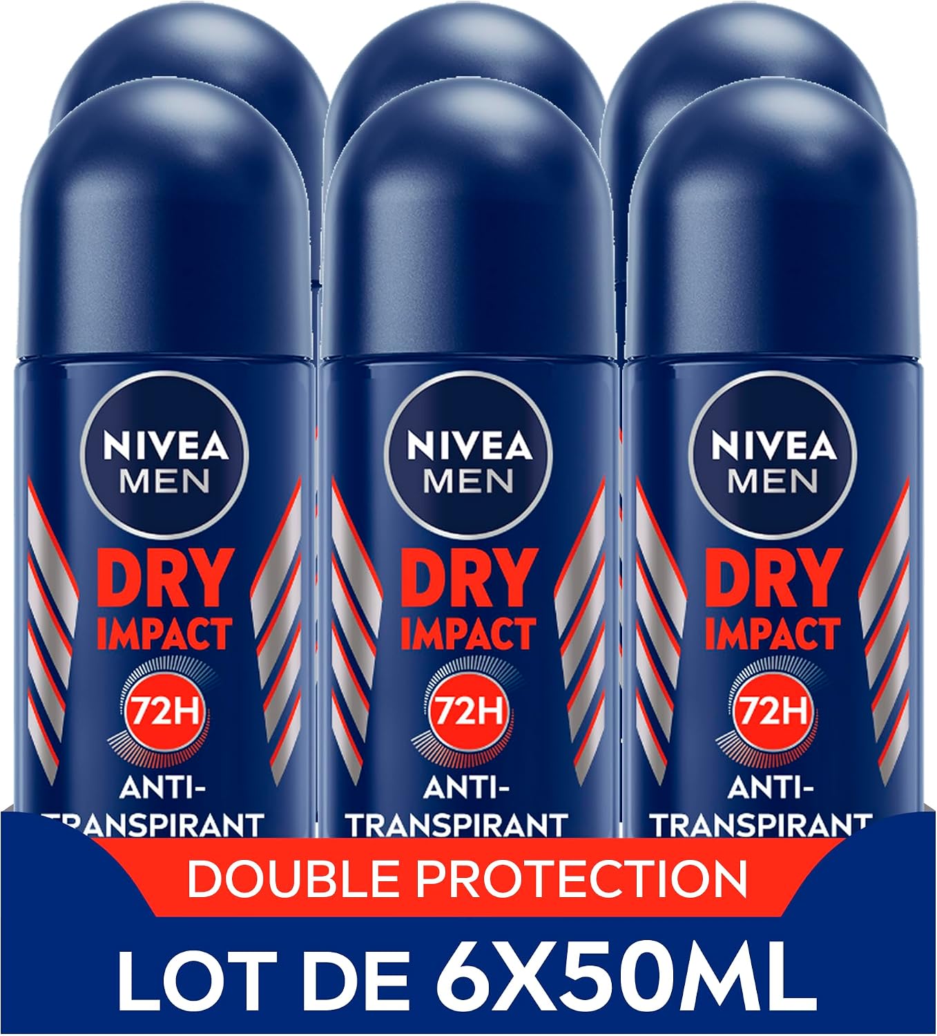 NIVEA MEN Déodorant anti-transpirant Dry Impact (lot de 6 x 50 ml), Déodorant bille pour homme sans alcool, Antitranspirant protection 72 H - Image 1