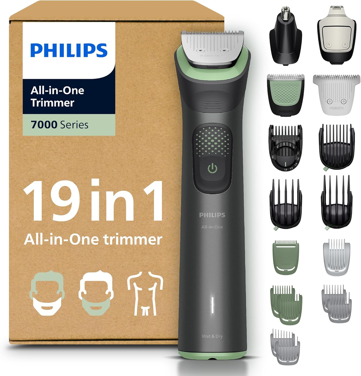 Philips Multigroom série 7000 Tondeuse tout-en-un 19 accessoires – tondeuse pour barbe, cheveux et corps, lames en métal auto-affûtées, 26 hauteurs de coupe (0,5-20 mm), modèle MG7962/30 - Image 1