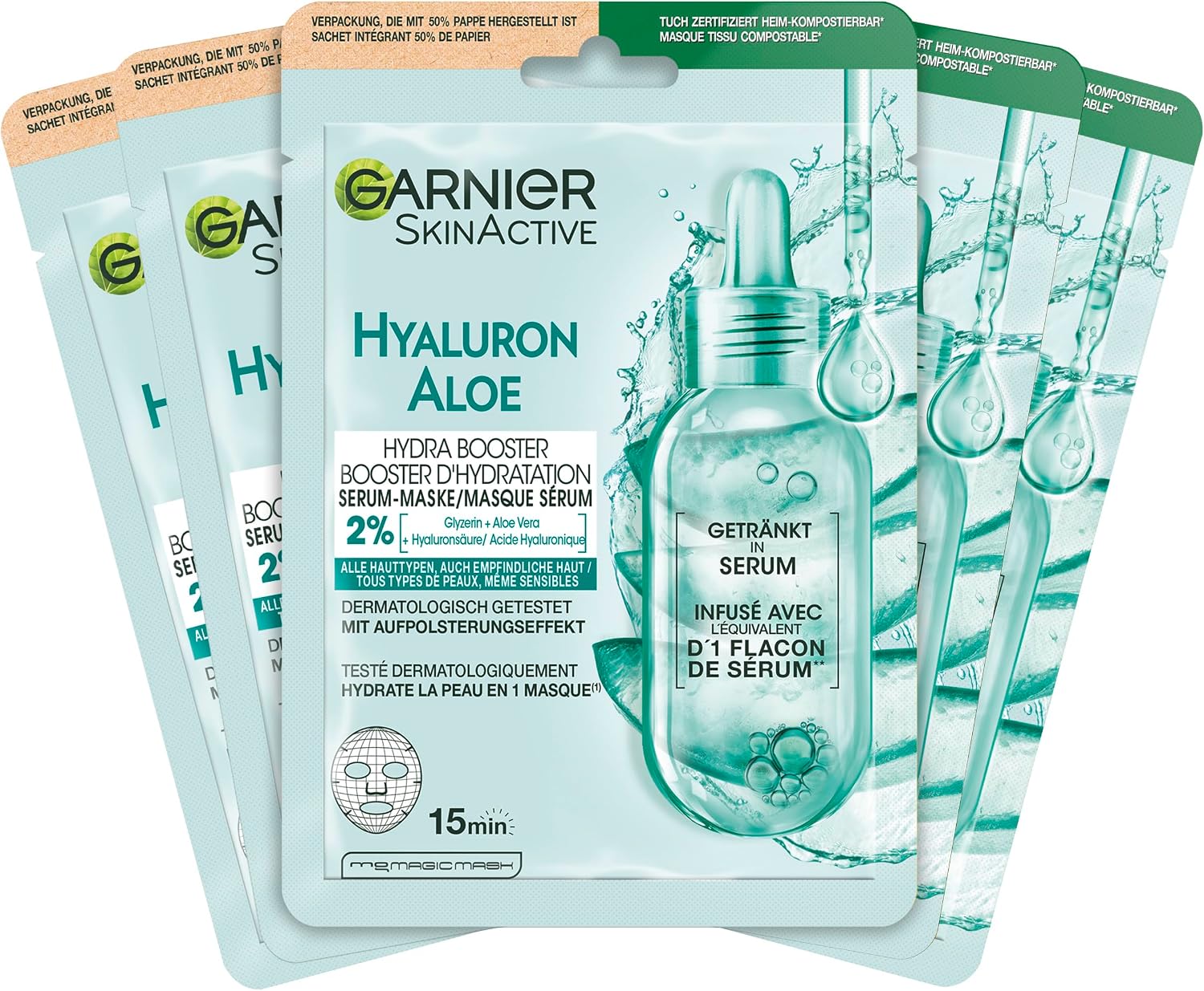 Garnier Masque facial pour tous les types de peau, rafraîchissant et hydratant, avec acide hyaluronique et aloe vera, Hydra Bomb, 5 x 28 g - Image 1