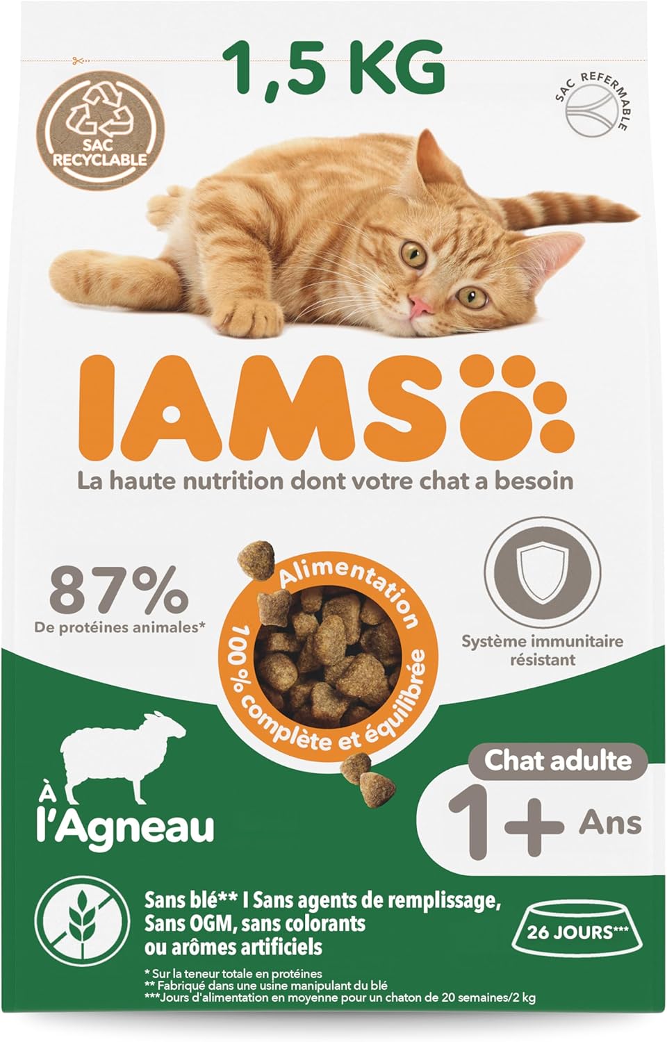IAMS Vitality - Croquettes Premium Chats Adultes 100% Complètes Et Équilibrées - A L'Agneau - Sans OGM Colorant Arôme Artificiel - Sac Refermable 1,5 - Image 1