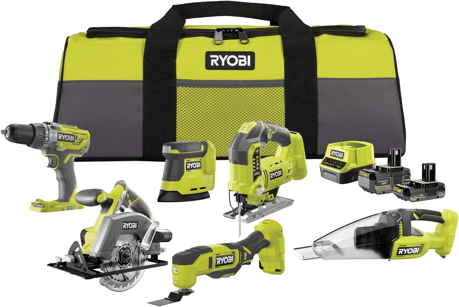 RYOBI - Kit 6 outils 18V ONE+ RCK186O-242SZL : Percesue à percussion 50nm, Scie sauteuse, Ponceuse triangulaire, outil multi-fonction - Image 1